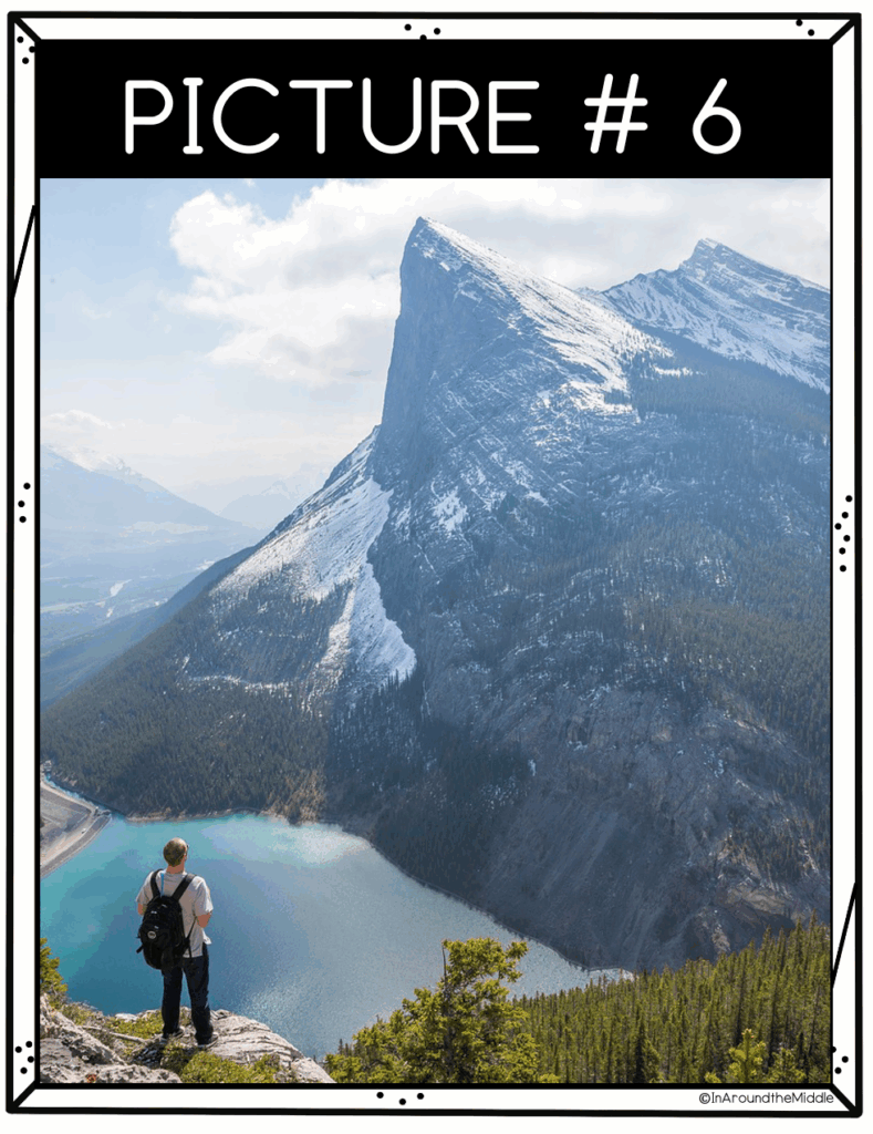Image shows a man standing at the top of a mountain looking out over a lake and a snow-covered mountain. Image is showing an example of a high camera angle for a Gallery Walk Activity by In Around the Middle on TPT. Part of a blog post on movement-based activities @ aroundthemiddle.com